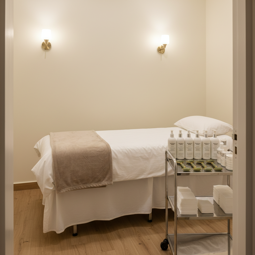 A serene skin and facial treatment room at Vibe and Glow Salon, Vijaynagar 3rd Stage, with a padded treatment bed draped in immaculate white linens and a soft taupe blanket folded at the foot. A nearby trolley holds organized professional skincare bottles, jade rollers, and fluffy cotton pads, all arranged symmetrically, labels turned away. Wall-mounted sconces emit warm, dimmable light that softly illuminates the room, creating gentle highlights on glass bottles and a calm glow on the neutral walls. Captured in photographic realism from a doorway perspective, the composition invites the viewer in, emphasizing the tranquil, clinical-yet-cozy atmosphere of this specialized beauty treatment space.