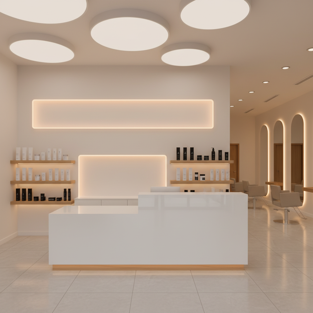 A sleek, modern salon reception area designed for Vibe and Glow Salon in Vijaynagar 3rd Stage, with a glossy white reception desk and a subtle backlit panel that glows in warm amber tones. Shelves behind the desk display neatly arranged professional hair and skin products in minimalist bottles, labels turned away so no text is visible. Soft, diffused ceiling lights and concealed LED strips wash the space in an inviting glow, reflecting gently off polished tile floors. Captured at eye level with photographic realism, the composition uses the rule of thirds to highlight the desk, while large mirrors and a hint of styling stations in soft-focus background suggest a spacious, welcoming environment.