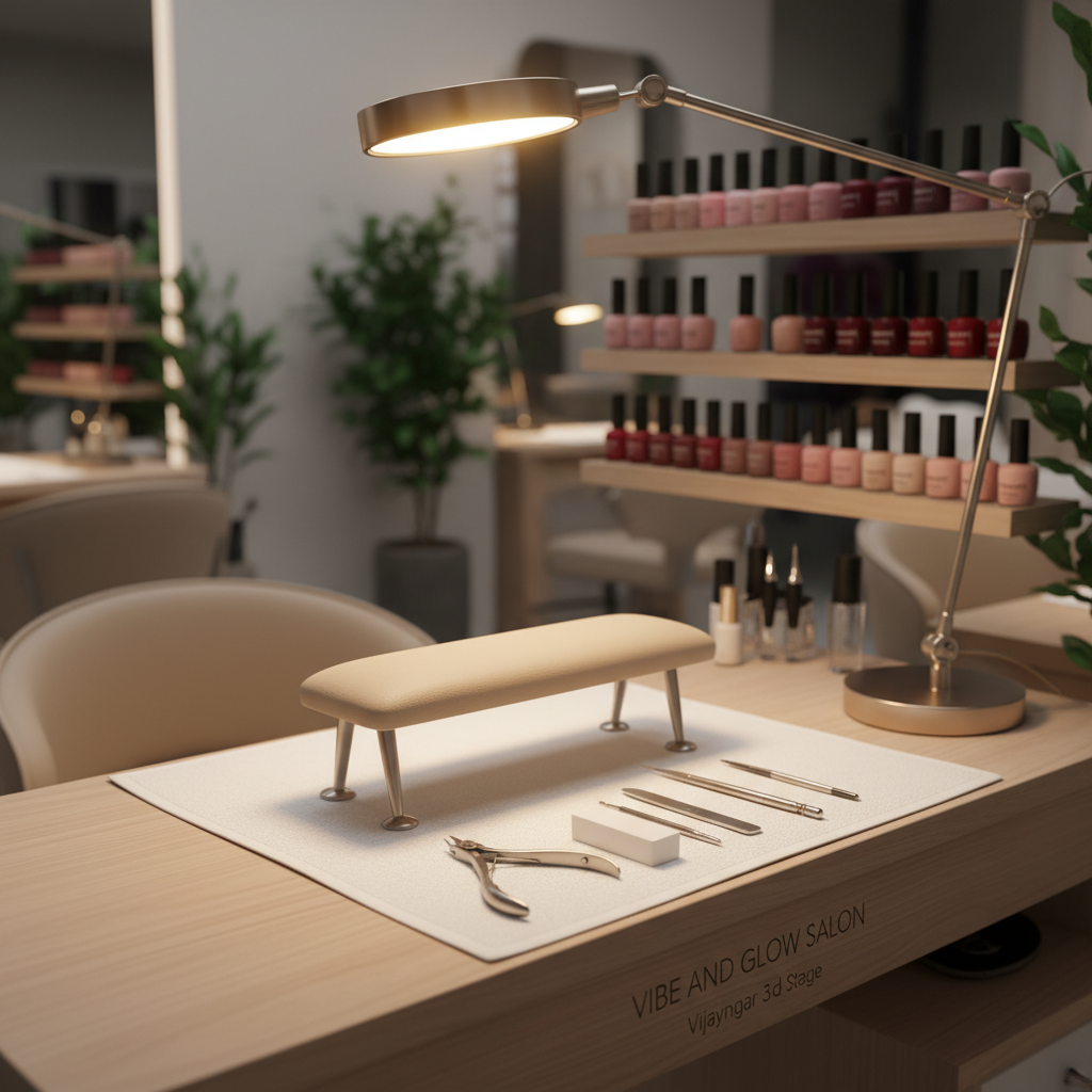 A close-up, photographic view of a manicure and beauty treatment corner at Vibe and Glow Salon in Vijaynagar 3rd Stage, featuring a smooth, pale-wood table with a cushioned hand rest in soft beige. Neatly arranged professional nail care tools lie on a pristine white towel, with rows of nail polish bottles in sophisticated nude, blush, and deep berry tones on a floating shelf behind, labels hidden. A focused desk lamp casts warm, directional light, creating crisp but gentle shadows that highlight the cleanliness and precision of the setup. The background is subtly blurred, hinting at other salon treatment areas, while the composition centers the table to convey meticulous, high-end service.