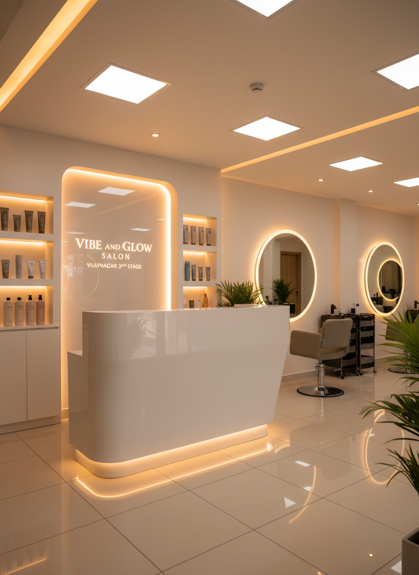 A sleek, modern salon reception area designed for Vibe and Glow Salon in Vijaynagar 3rd Stage, with a glossy white reception desk and a subtle backlit panel that glows in warm amber tones. Shelves behind the desk display neatly arranged professional hair and skin products in minimalist bottles, labels turned away so no text is visible. Soft, diffused ceiling lights and concealed LED strips wash the space in an inviting glow, reflecting gently off polished tile floors. Captured at eye level with photographic realism, the composition uses the rule of thirds to highlight the desk, while large mirrors and a hint of styling stations in soft-focus background suggest a spacious, welcoming environment.