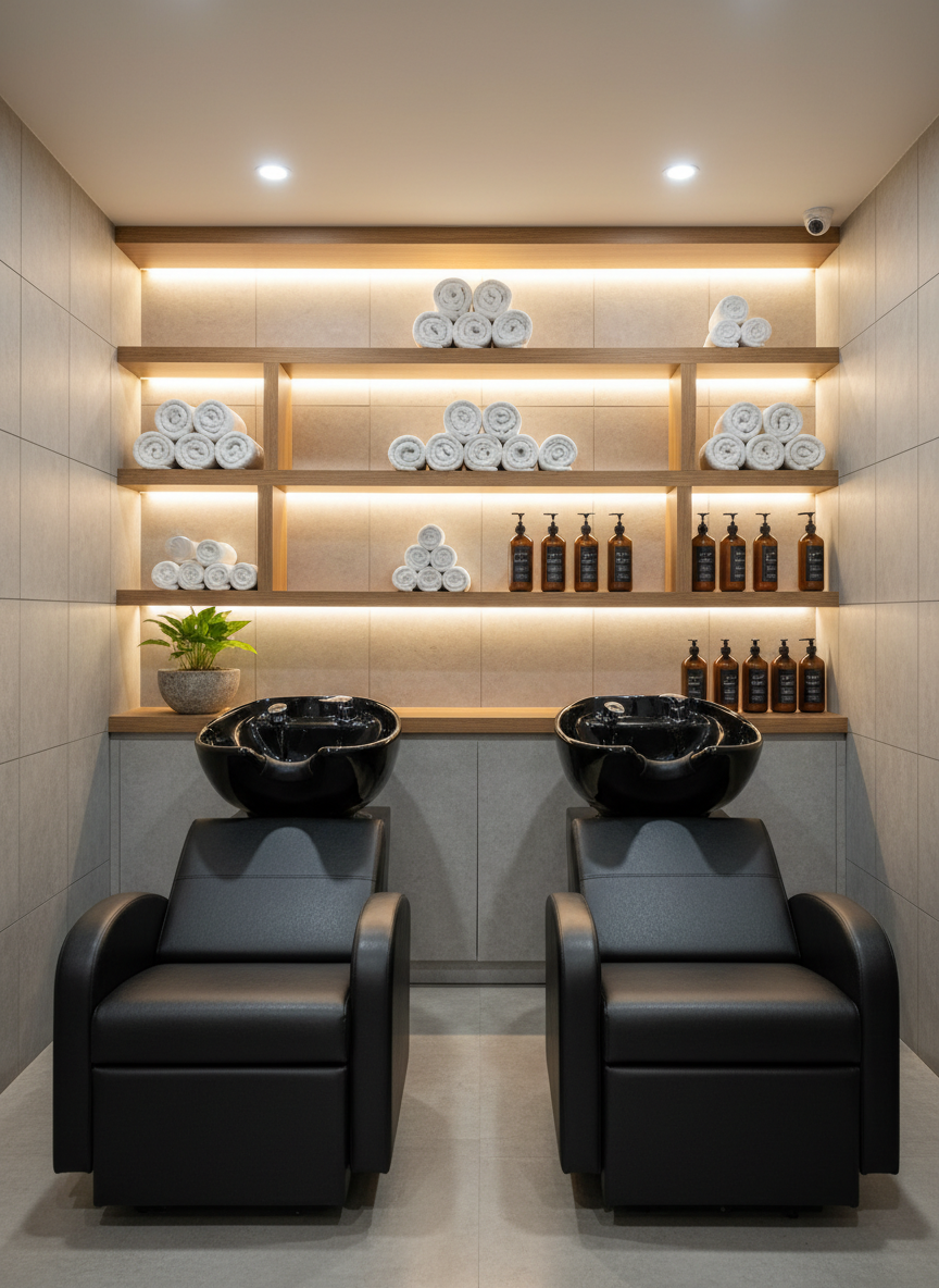 A luxurious shampoo and spa treatment zone inside Vibe and Glow Salon, Vijaynagar 3rd Stage, showcasing two glossy black reclining wash basins with contoured ceramic bowls, aligned perfectly against a textured light-gray wall. Behind them, open shelves display rolled white towels stacked in geometric patterns alongside amber glass bottles of professional hair care, carefully turned so no text shows. Soft, indirect cove lighting above the wall creates a serene, spa-like glow, while a small indoor plant in a stone pot adds organic warmth. Shot at a slightly elevated angle in photographic realism, the composition captures the symmetry of the basins and the calming, professional ambiance of this pampering area.