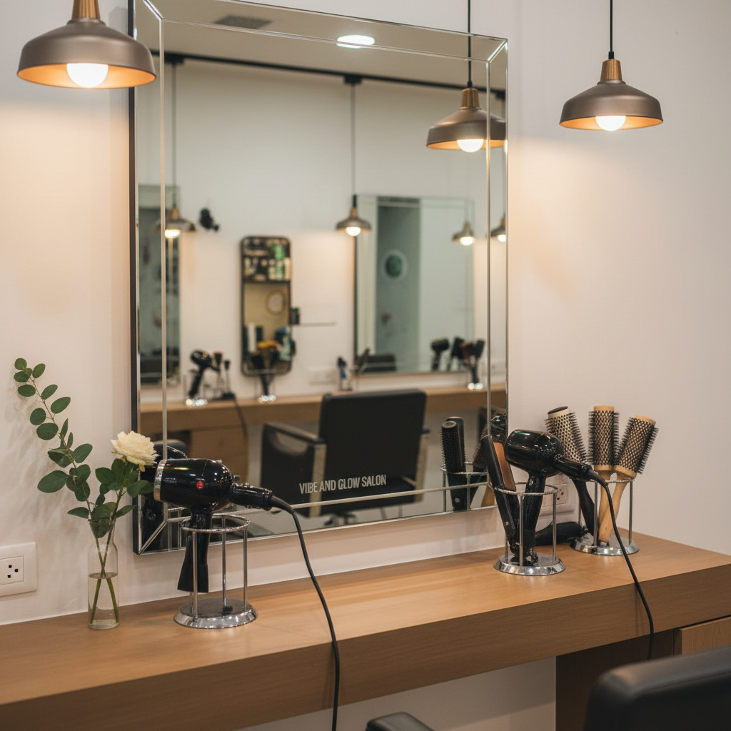 An elegant hair styling station at Vibe and Glow Salon in Vijaynagar 3rd Stage, featuring a large frameless mirror with a slight bevel, mounted above a streamlined wooden counter with a matte finish. Professional-grade hairdryers, flat irons, and round brushes rest neatly in metal organizers, cords coiled tidily. A small vase with fresh green foliage adds a touch of color. Overhead pendant lights cast warm, focused light that creates subtle highlights on chrome details and gentle shadows along the counter. Photographic realism at a slightly angled perspective emphasizes depth, with blurred reflections of additional styling chairs and mirrors extending into the background, conveying a polished, professional atmosphere.